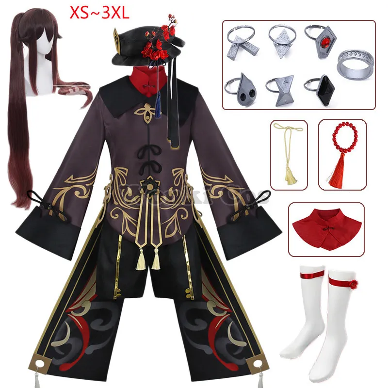 Kostymtillbehör Game Genshin Hutao Cosplay Impact Hu Tao Wig With Hat Original Rings Double Tail Hair 230111