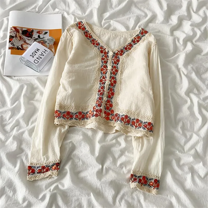 Camicette da donna Camicie Camicia da donna in cotone a maniche lunghe in lino Boho Abbigliamento Ricamo Paillettes Designer Top Vintage Blusa Muje De 2023