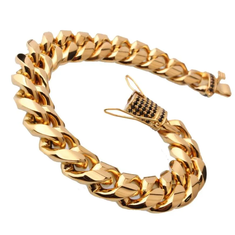 Gliederarmbänder, Kette, 15 mm, 17,8–27,9 cm, schwarzer Kristall, 316L-Edelstahl, goldenes Miami-Bordstein-kubanisches Armband, modischer Alltagsschmuck