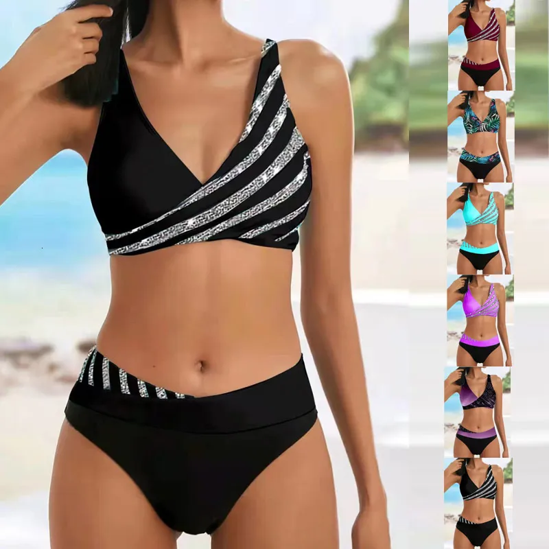 Kvinnors badkläder Kvinnor Swimming Bikini Set Fantastiska kvinnor Randiga baddräkt Beachwear Bating Two Pieces Bikinis S 5XL 230111