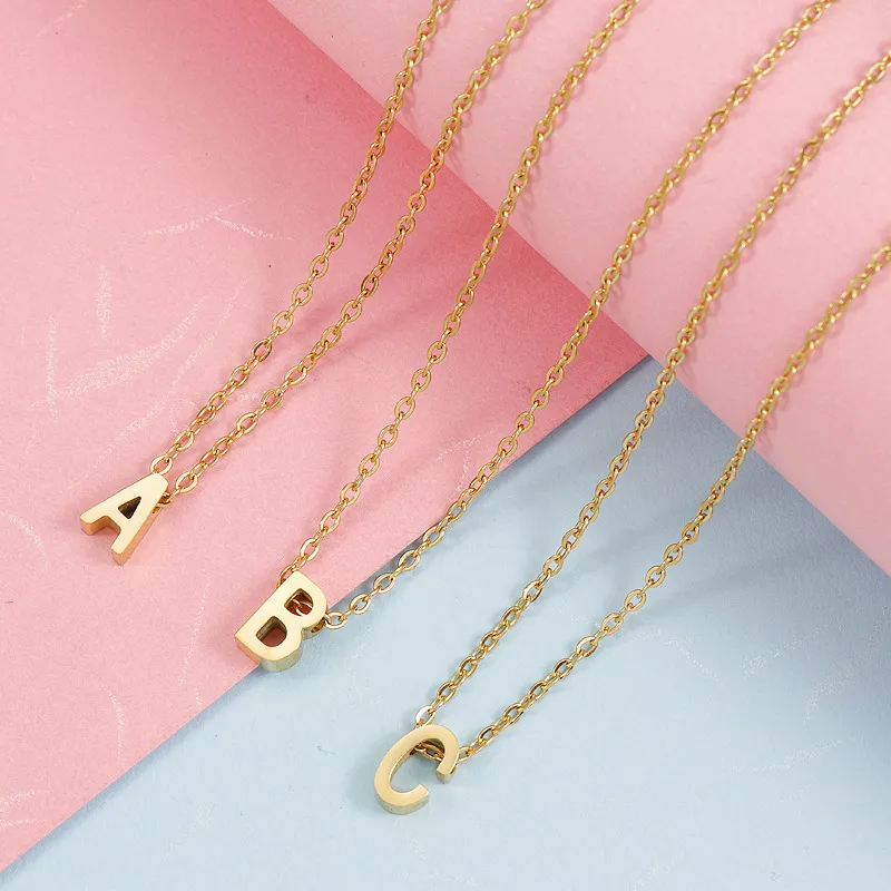 Minimalist 18K Gold Plated Stainless Steel Jewelry Initial kids Alphabet Pendant Small Mini Initial Letter Necklace