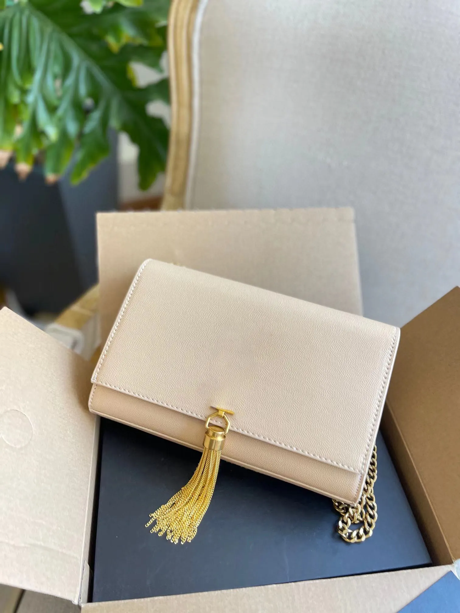 Designer Genuine Leather Tote Bag With Tassel Chain Shoulder, Crossbody