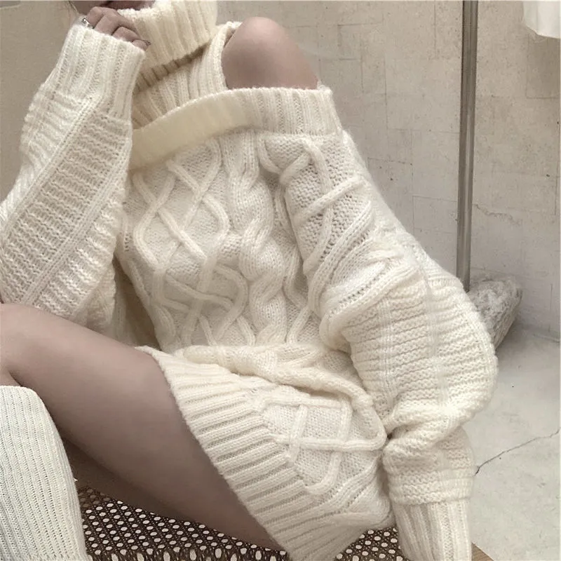 Kobiety swetry jesienne zima w stylu koreańskim kobiety Turtleeck dzianina dzika dzianina zniszczona kobietę seksowne pulovery ramię 230111