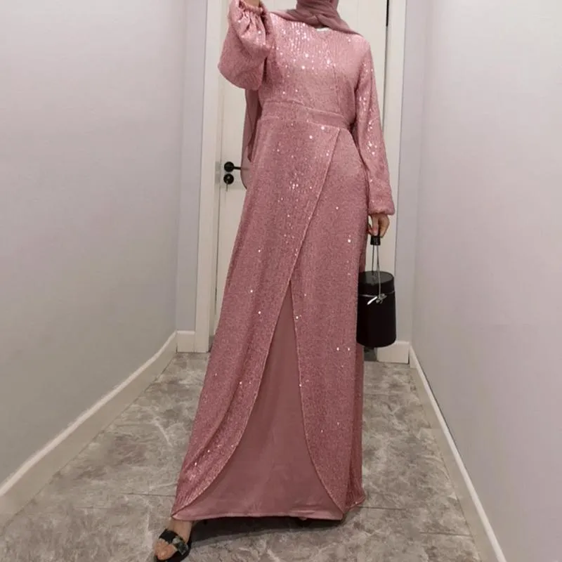 Sukienki swobodne Maxi cekin muzułmańska sukienka dla kobiet Abaya Dubai Turcja Islamska odzież Kaftan Robe Femme vestidos