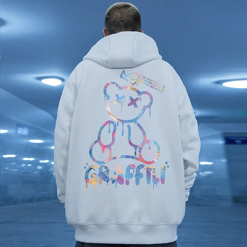 Men's Hoodies Sweatshirts High Street Graffiti Bear Print Men's Fleece Hoodie Retro Autumn Casual Pullover Hooded Sweatshirts Hip Hop Y2K Hoodies Clothes 230111