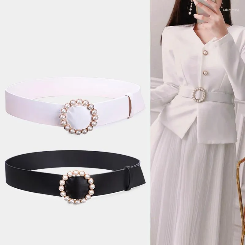 Belts Fashion Wide Pearl Belt Female Black PU Leather Designer For Women Waist Dress Corset Cummerbunds Coat Plus Size Waistband