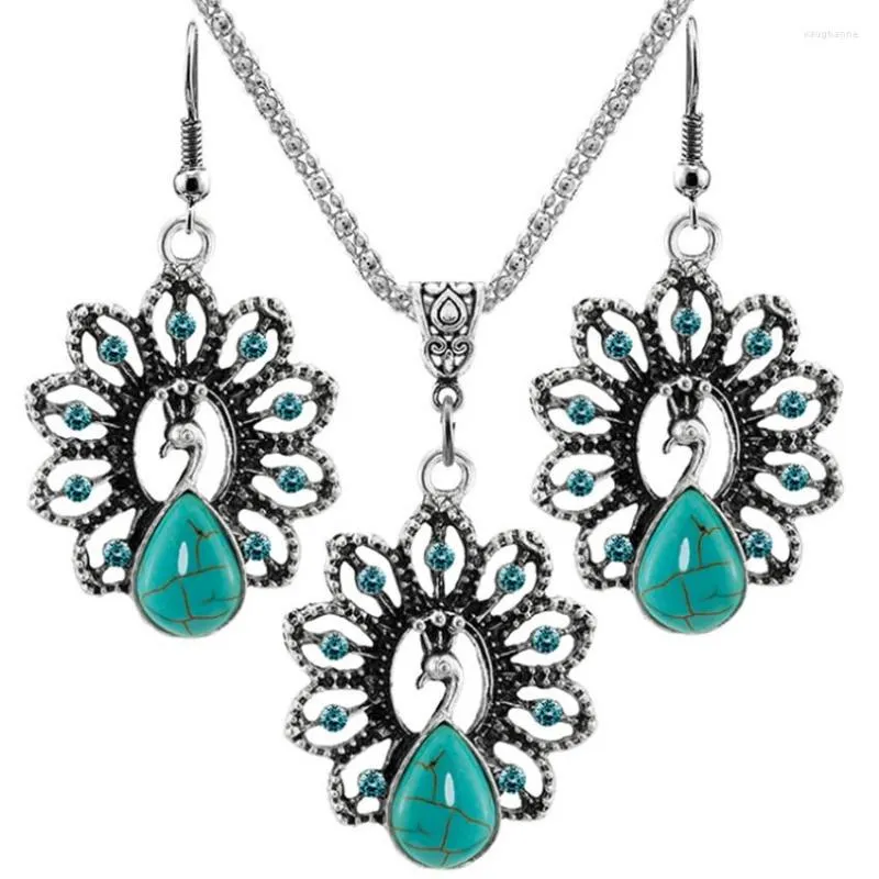 Necklace Earrings Set FYSL Silver Plated Peacock Shape With Green Turquoises Stone Pendant Trendy Jewelry