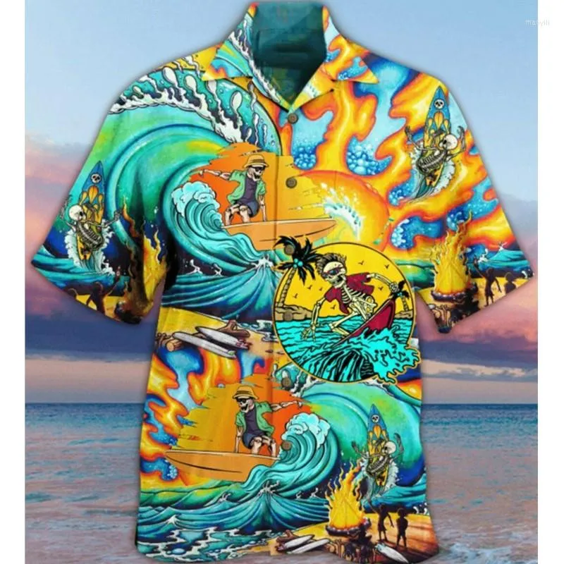 Camisas casuais masculinas Camisa de impressão de crânio 3D Hawaiian Fashion Moda de manga curta Top roupas masculinas soltas e respiráveis