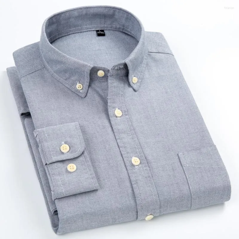Mäns casual skjortor Herrarna Dagliga tjocka Oxford Cotton Shirt Single Patch Pocket Högkvalitativ fast långärmad standard-fit-knapp-ner