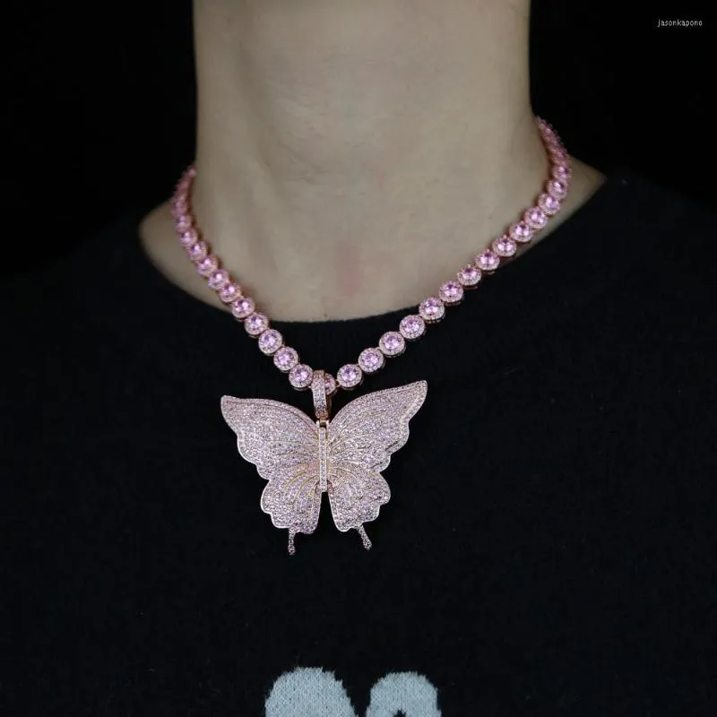 Choker moda mrożona iskrząca bling wie różowy biżuteria łańcucha tenisowego z Rose Butterfly wisiorek Hip Hop Cool Naszyjnik