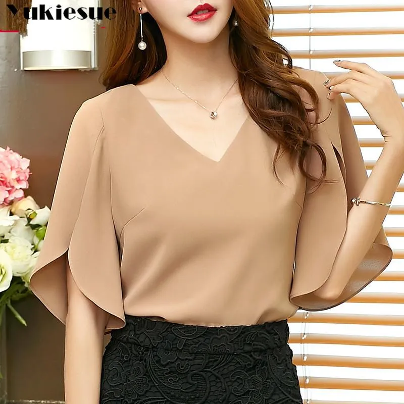 Kvinnors blusar skjortor 2023 Sommarkvinnor Casual Solid Chiffon Shirt Blusa Feminina Butterfly Sleeve Korean Loose Women Blus Black Top B