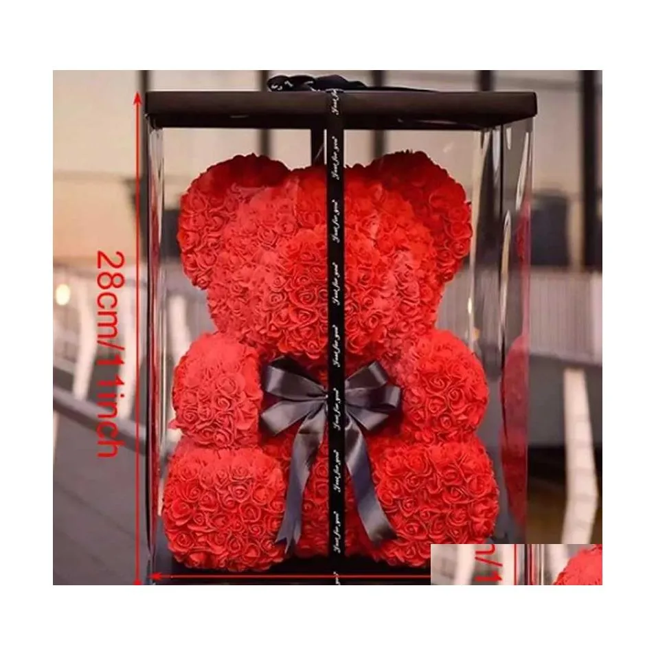 Couronnes de fleurs décoratives 25 cm ours en peluche rose artificielle pour les femmes Saint-Valentin mariage anniversaire cadeau emballage boîte décor à la maison Dro Dhww4