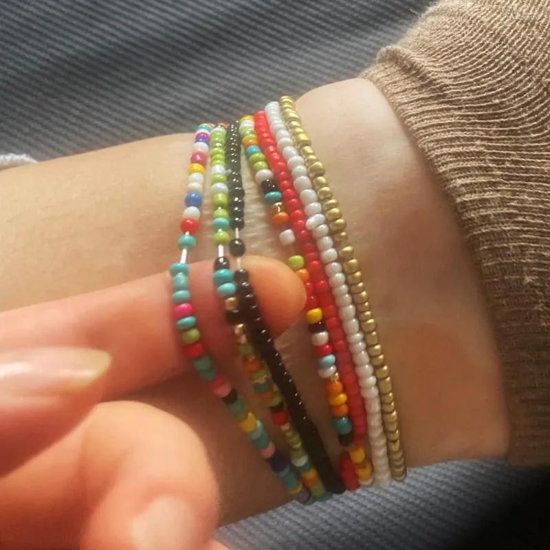 Anklets handgjorda pärlstavade anklet frön pärla elastisk kedja färgglad fotled armband på benfoten trendiga smycken för kvinnor män