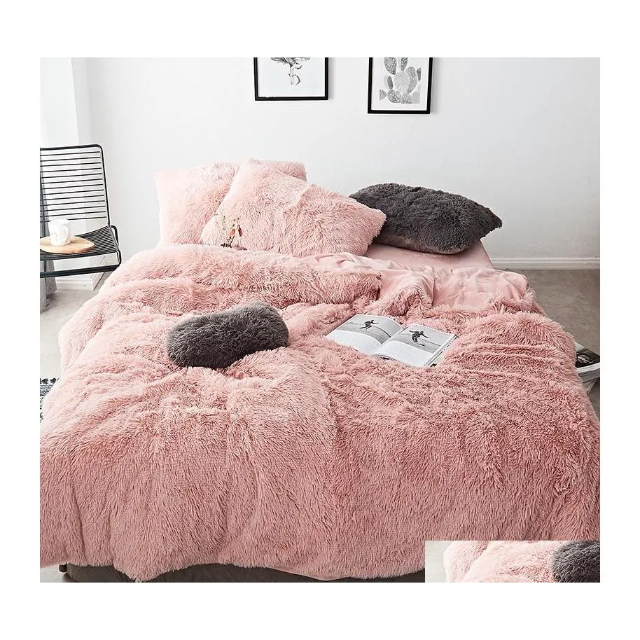 Ensembles de literie rose blanc tissu polaire hiver épais 20 couleur pure ensemble vison Veet couette Er drap de lit taies d'oreiller livraison directe Ho Dhmhr