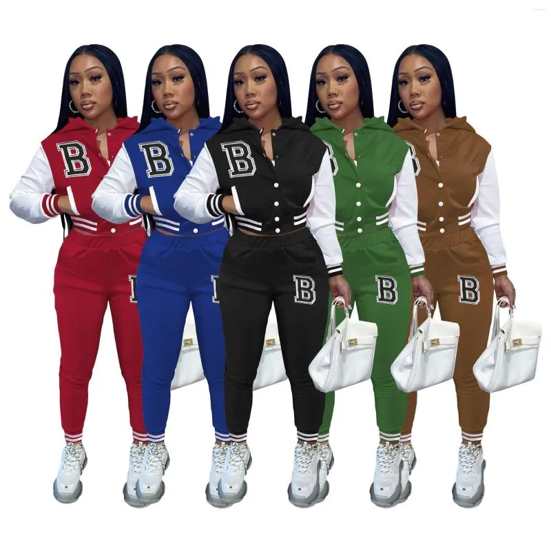 Women's Two Piece Pants Winter Warm Hooded Tracksuit Sets Women Long Sleeve Patchwork Button Up Top Lettter Printed 2 Baseball Outfits