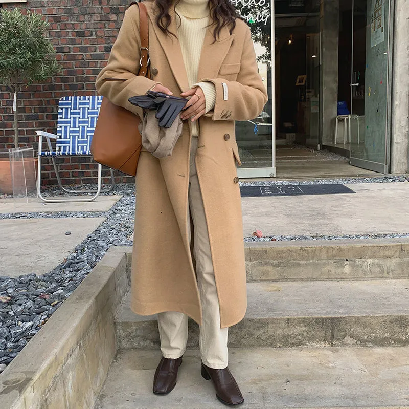 Kurtki damskie Koreański klasyczny styl retro podwójnie piersi wysokiej jakości płaszcz wełniany jesień i zimowe damskie szumne średnio 230111