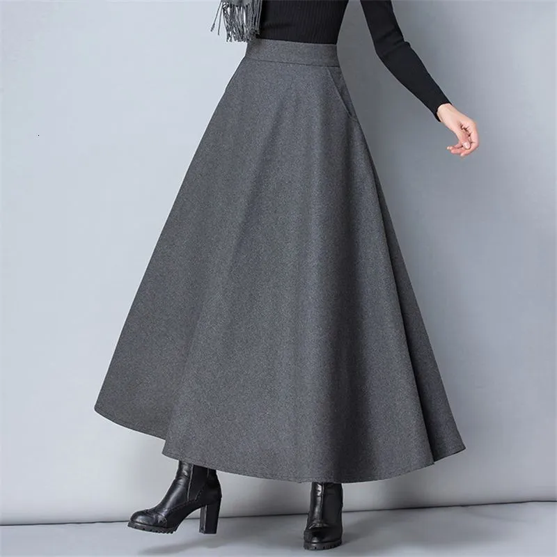 Gonne donne invernali da donna lunghe gonna di lana alla moda ad alta vita di lana di base femmina casual spessa elastica calda elastica aline maxi o839 230110