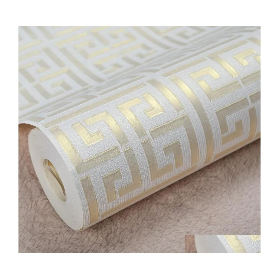 Wallpapers Zeitgenössische moderne geometrische Tapete Neutrales griechisches Schlüsseldesign PVC-Wandpapier für Schlafzimmer 0,5 x 10 m Rolle Gold auf Weiß Dhyuw