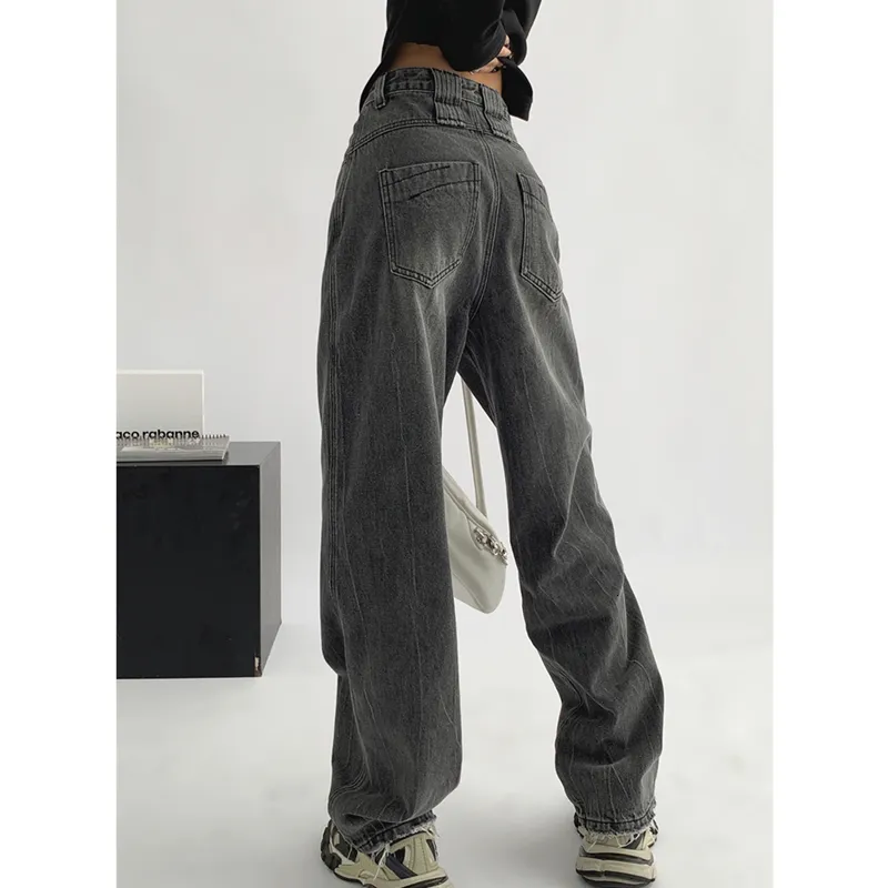 Kvinnors jeans Autumn Bottoms Dark Grey High Street Fashion Baggy Retro Straight American Style Wide Leg Trousers 230110