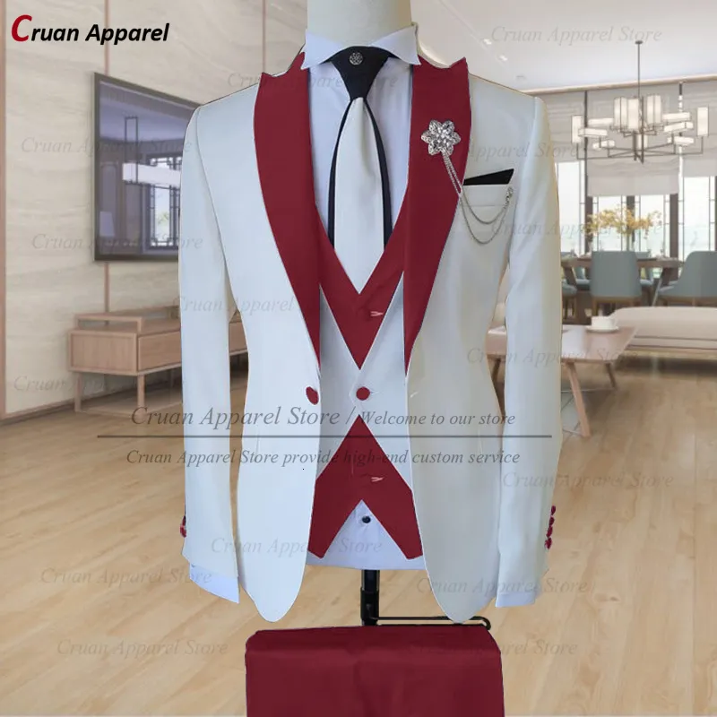 Trajes de hombre Blazers a medida Blanco marfil para hombres 3 piezas Slim Fit Boda formal Hombre Novio Esmoquin Moda Chaqueta de lujo Chaleco Pantalones Conjunto 230111