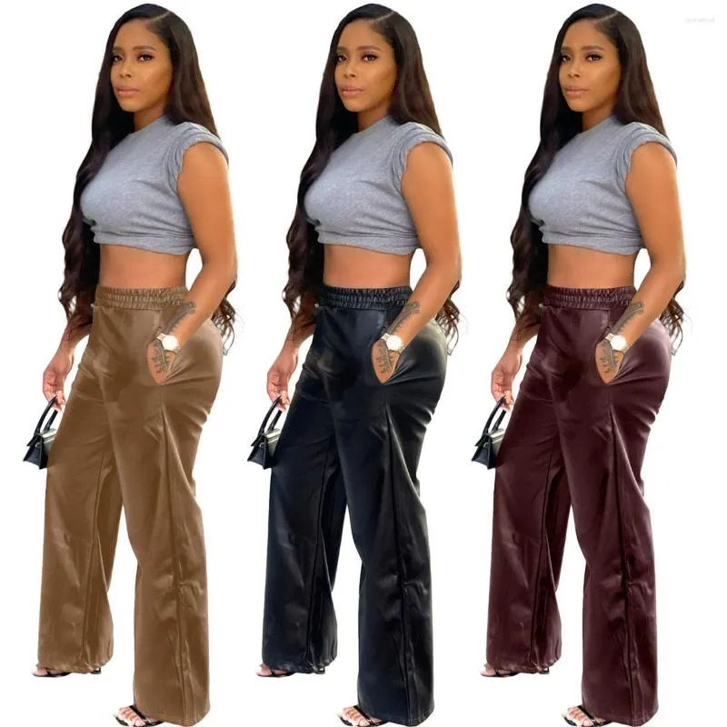 Pantalon femme en simili cuir PU jambe large avec poches femmes décontracté Streetwear taille élastique pantalon droit Long vêtements d'automne