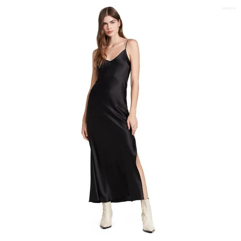 Casual Dresses Crepe Satin Plain Silk French Style Dj Pure Tail Side Split Sling Dress Is Black And Slim