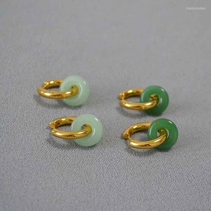 Boucles d'oreilles à tige LONDANY Design minoritaire Simple Laiton Jade Texture Boucle de sécurité National Tide Style chinois