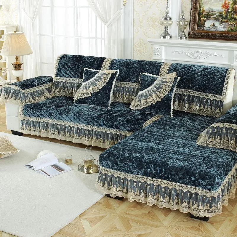 Stol täcker spetsdekor soffa täcker plysch sammet kudde fodral soffa för vardagsrum l formade europeiska fasta färg soffor kudde handduk