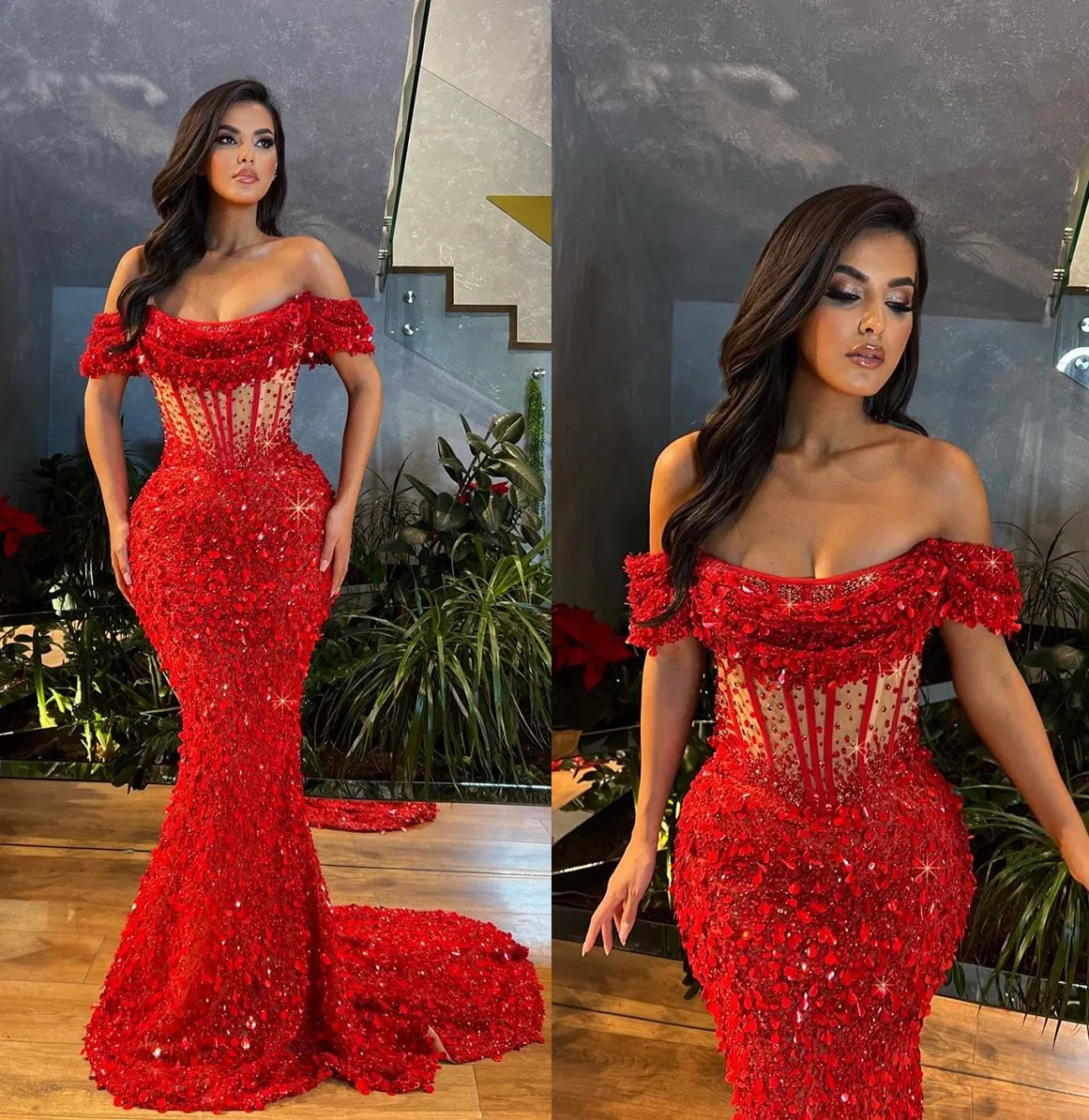 Red Sequin Prom Dress: Modern Mermaid Off The Shoulder Custom Made