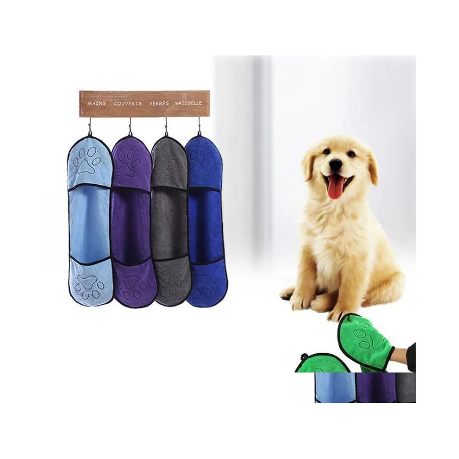 Hundskötsel Traabsorbent Pet Bath Handduk Mikrofiber Superabsorberande torkfilt med fickan för små medelstora stora hundar Drop Deli DH5Y33