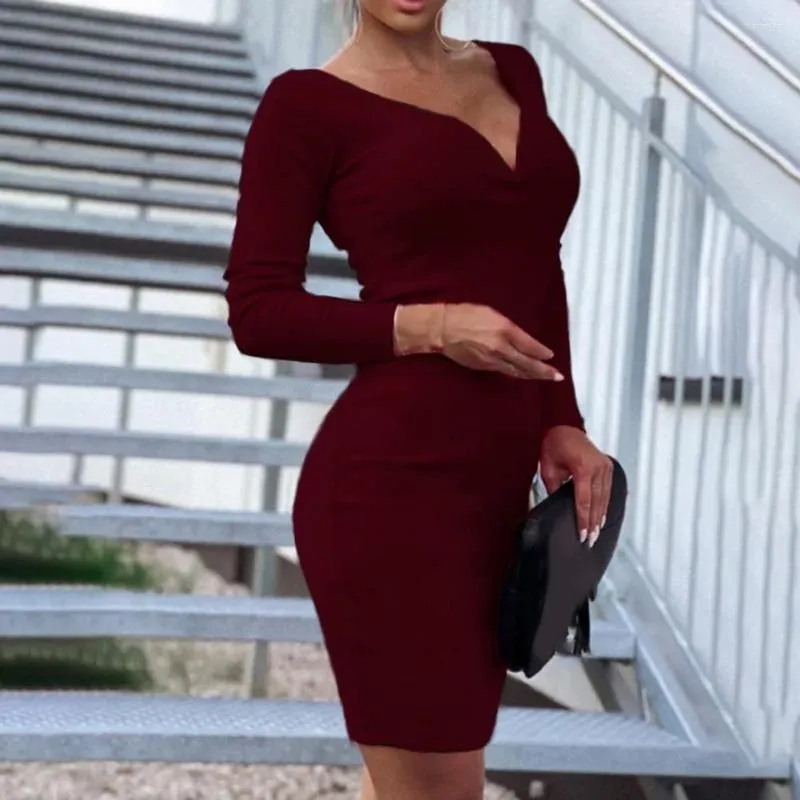 Casual Dresses Women Dress Solid Color High Midist Office Lady Stretchy Deep V Neck Autumn Winter Elegant över knälängd