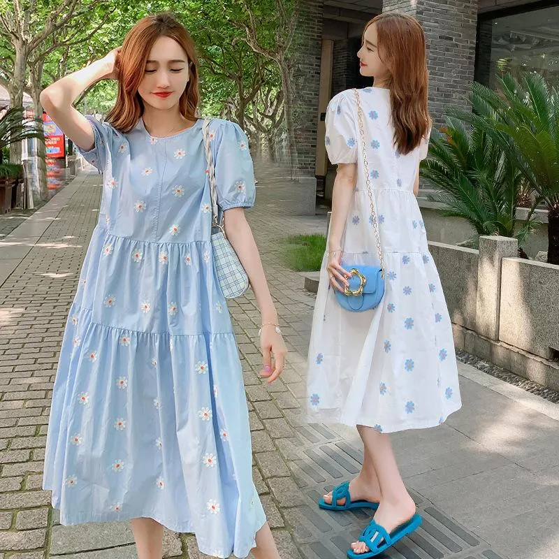 Maternity Dresses Summer O-neck Cotton Embroidery Floral Long Dress For Pregnant Women Short Sleeve Pregnancy Party