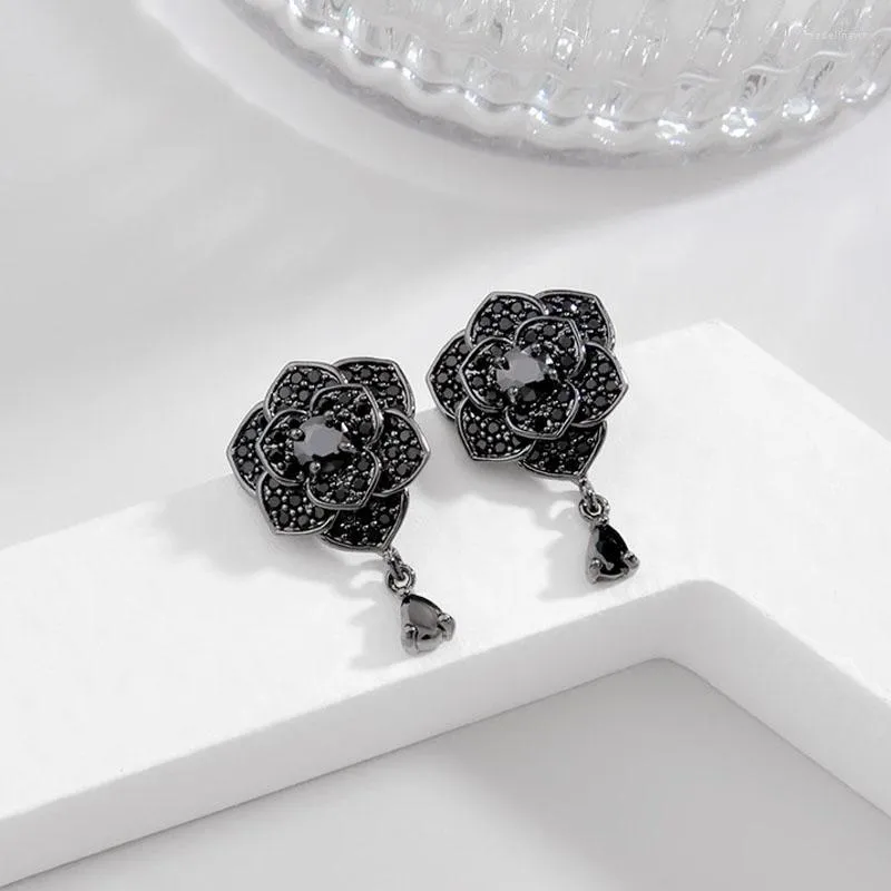 Boucles d'oreilles Noble noir Zircon pavé fleur argent plaqué Rose pour les femmes tempérament Banquet fête bijoux de luxe