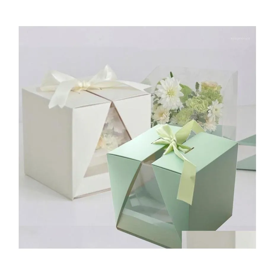 Gift Wrap Square V Window Transparent PVC Folding Portable Paper Box With Ribbon Surprise Rose Flower Bouquet Arrangement European G Dhiaa