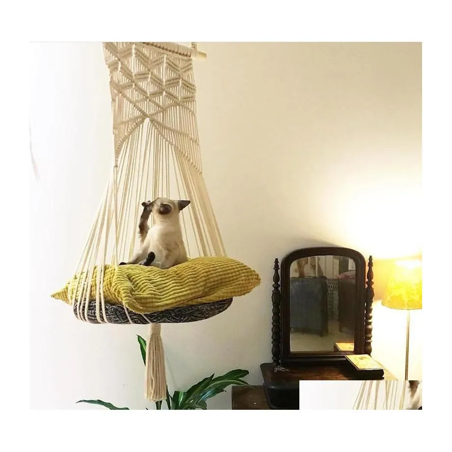 Łóżka kota meble huśtawka hamak w stylu boho w klatce łóżko ręcznie robione wiszące krzesło do snu siedziska koty z bawełny lina zwierząt domowy hous dhlog