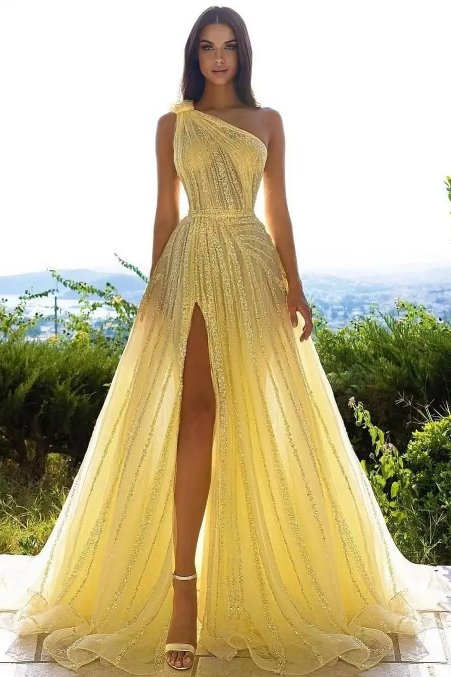 Stunning Yellow Sequined Prom Dresses Arabic Dubai A Line Sheer One Shoulder Beads High Thigh Split Evening Gowns Formal Occasion Vestidos BC14876
