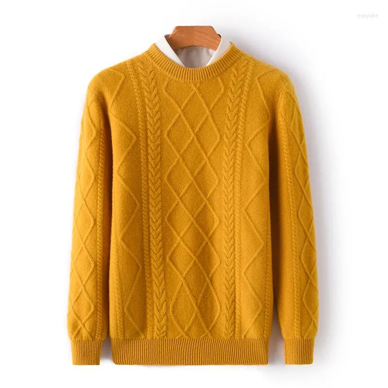 Men's Sweaters Men's Merino Wool Round Neck Thickened Knitting Jumper Pullover Sweater Solid Color Twist Flower Autumn Winter