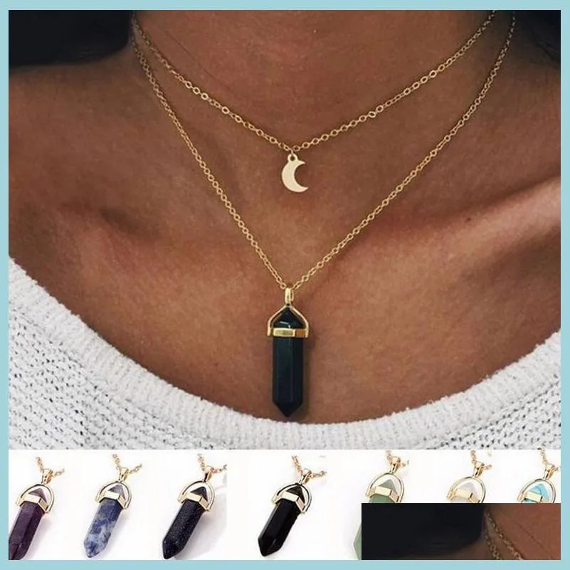 Pendant Necklaces Natural Stones Moon Pendants Necklace Double Layer Gold Link Chains Women Crystal Quartz Hexagonal Charm Jewelry S Dhdom