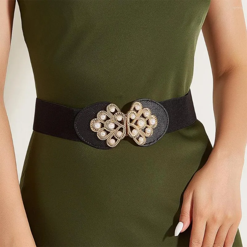 Belts Flower Shaped Button Head Inlaid With Pearl Decoration Women's Fashion Waist Seal Elastic Belt Versatile Casual SCB0318