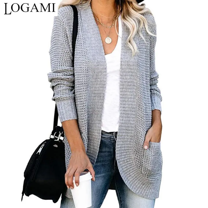 Kvinnors stickor Tees Logami Curved Packet Pocket Sweater Women Långärmad solid Cardigan Womens Autumn Knitwear 230111