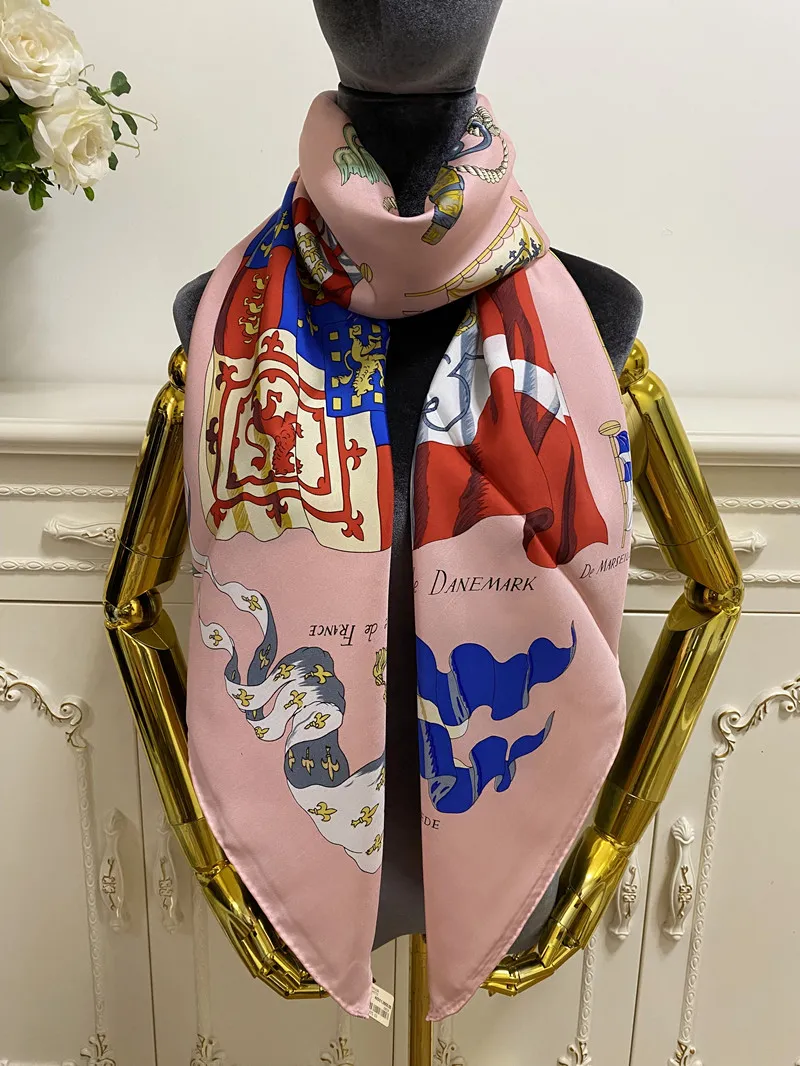women's square scarf scarves 100% twill silk material pink color pint letters flag pattern size 130cm- 130cm