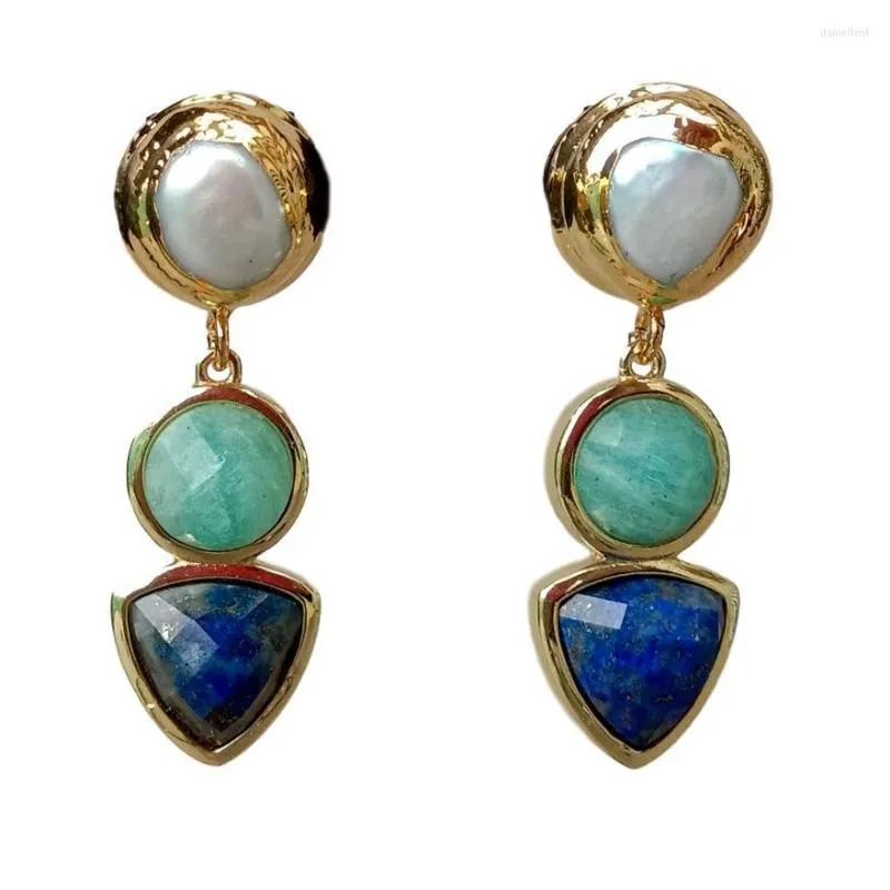 Stud Earrings Culture White Pearl Natural Blue Lapis Green Amazonite