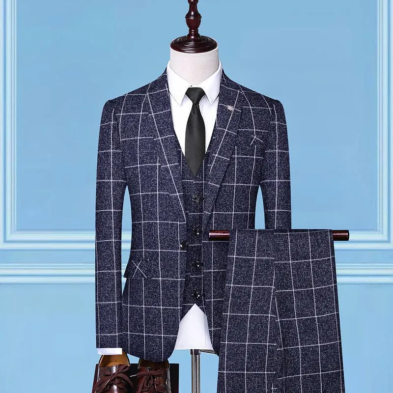 Men's Suits & Blazers M-4XL Wedding Suit Three-piece Plaid Fashion Jacket Casual Slim Business Banquet