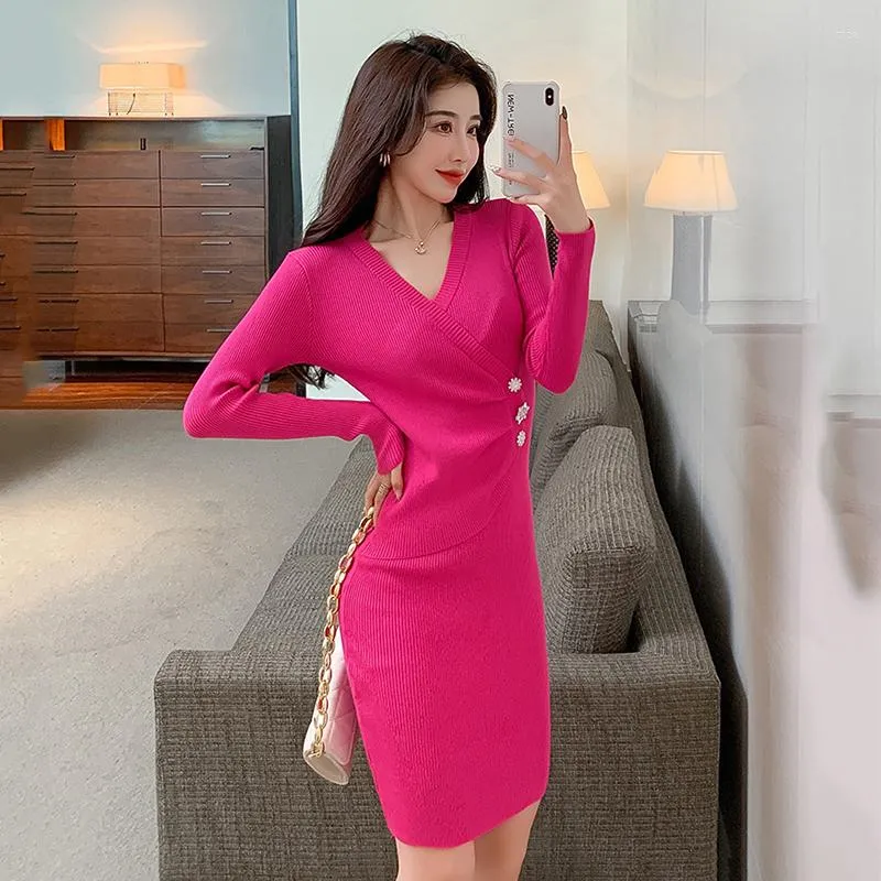 Casual Dresses Autumn Winter Vintage Solid V-Neck Kintting Package Hip Women Dress Elegant Ladies Sexy Slim Robe Fashion Clothing