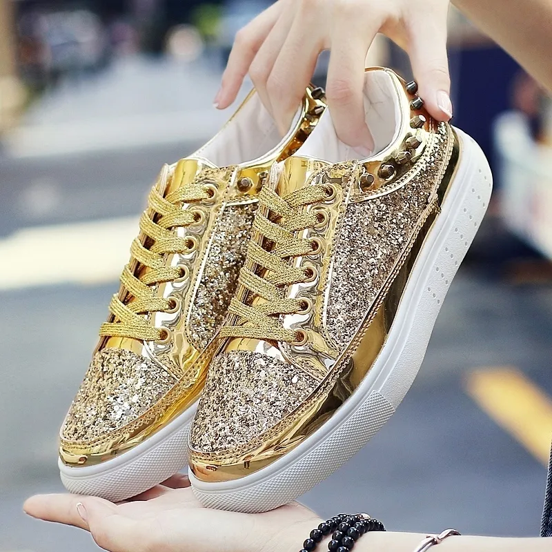 Wholesale Gold Glitter Bling Sparkly Dress Shoes Mens For Men And Women Casual Sneakers For Fashionable Couples Flat Outdoor Walking Shoes Style 230110 At Only 24.02 DHgate.Com
