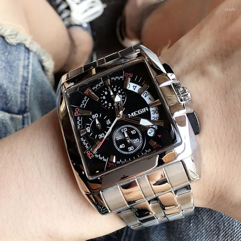 Relojes de pulsera MEGIR para hombre, relojes deportivos de acero inoxidable de negocios creativos de cuarzo de marca superior de lujo, reloj Masculino