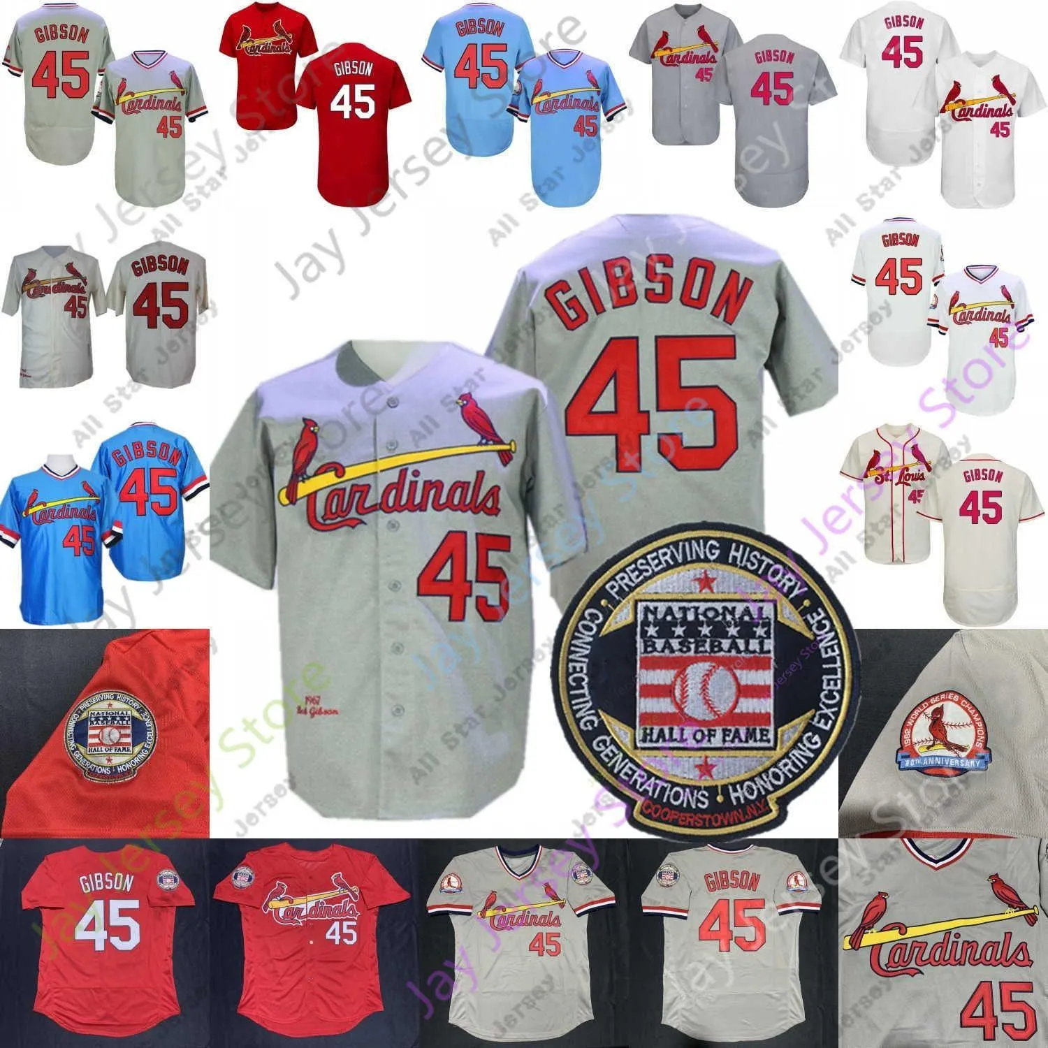 Anpassade basebolltröjor Bob Gibson Jersey 1967 Hamp-Grey Baseball Hall of Fame Patch Blue Cream White Red Home Away Vintage