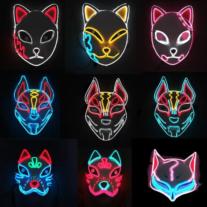 Demon Slayer Glowing EL Wire Mask Kimetsu No Yaiba Personajes Cosplay Accesorios para disfraces Anime japonés Fox Halloween Máscara LED ss0111