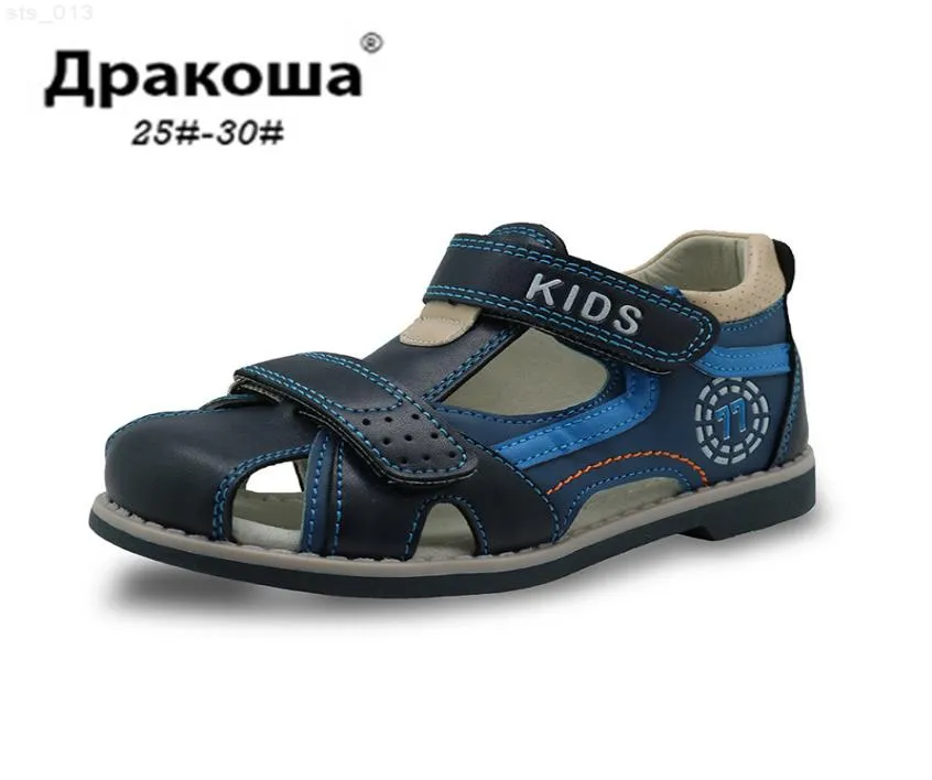 Apakowa nouveaux enfants chaussures d'été bout fermé sandales pour garçons en bas âge soutien de la voûte plantaire sport orthopédique en cuir pu petits garçons sandales chaussuresT2