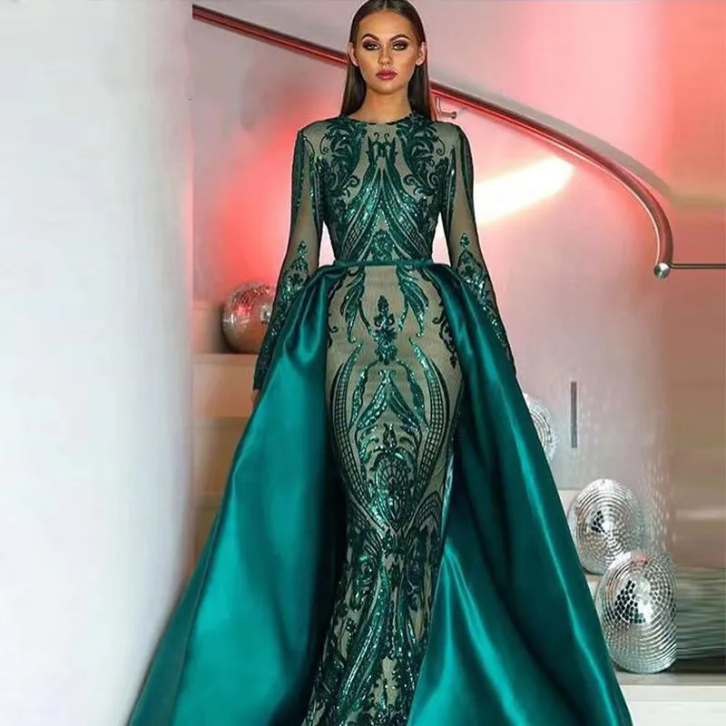 Sheer Jewel Neck Lace Applique Dark Green Mother Of The Bride Dress With Detachable Train Long Sleeve Mermaid Formal Evening Forest Green Prom Dress From Babyonline 172.3 DHgate.Com